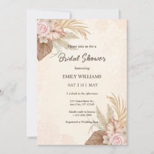 Elegant Boho Floral Pampas Grass Bridal Shower Invitation