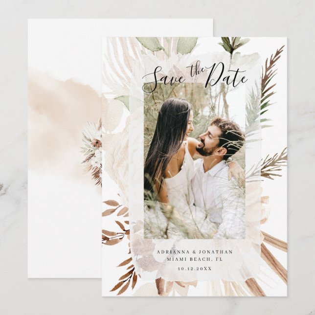Elegant Boho Floral Pampas Photo Save The Date (Front/Back)