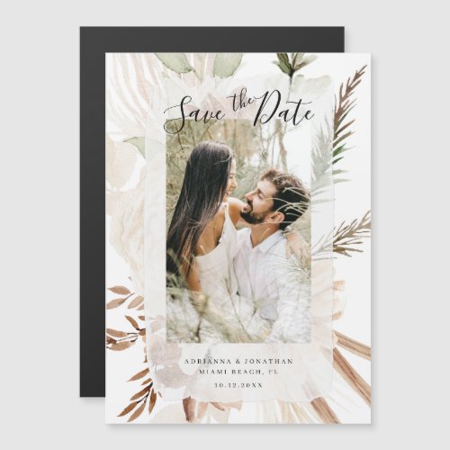 Elegant Boho Floral Pampas Photo Save The Date Magnetic Invitation