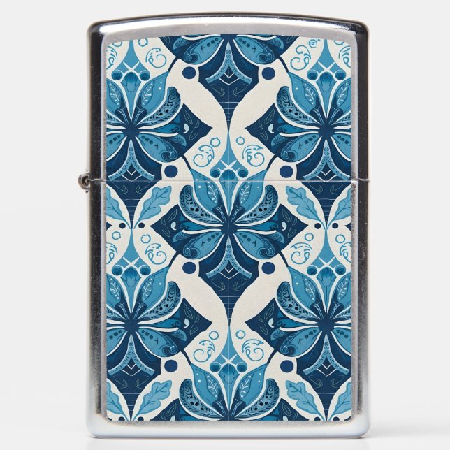 Elegant Boho Floral Pattern in Blue Zippo Lighter (Front)