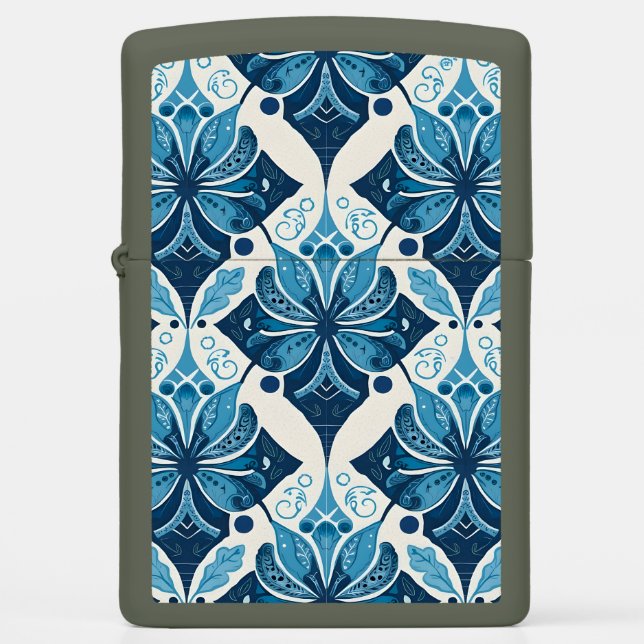 Elegant Boho Floral Pattern in Blue Zippo Lighter (Front)