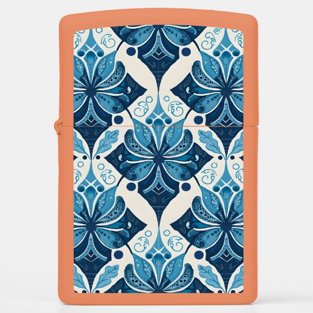 Elegant Boho Floral Pattern in Blue Zippo Lighter (Front)