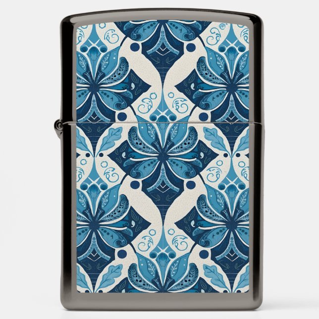 Elegant Boho Floral Pattern in Blue Zippo Lighter (Front)