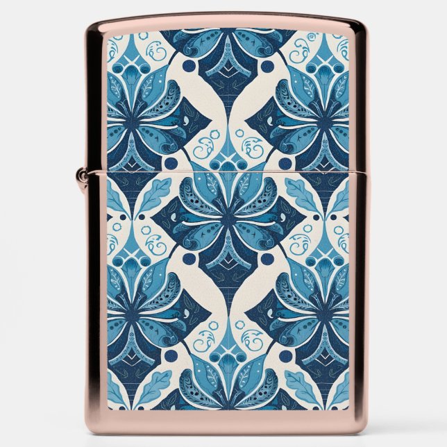 Elegant Boho Floral Pattern in Blue Zippo Lighter (Front)
