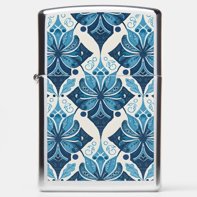 Elegant Boho Floral Pattern in Blue Zippo Lighter (Front)