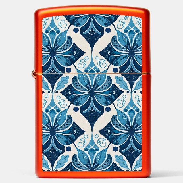 Elegant Boho Floral Pattern in Blue Zippo Lighter (Front)