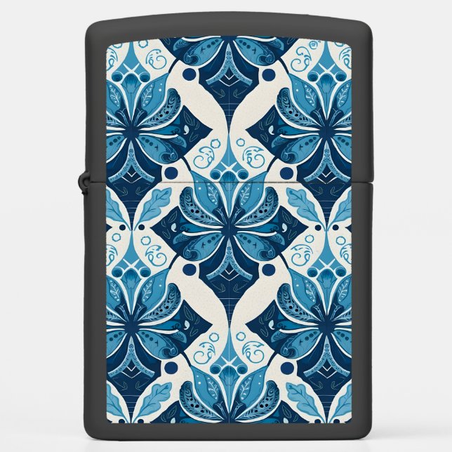 Elegant Boho Floral Pattern in Blue Zippo Lighter (Front)