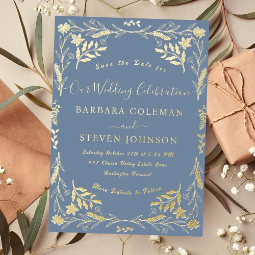 Elegant Boho Floral Periwinkle Typography Wedding Foil Invitation