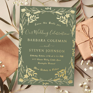 Elegant Boho Floral Sage Green Typography Wedding Foil Invitation