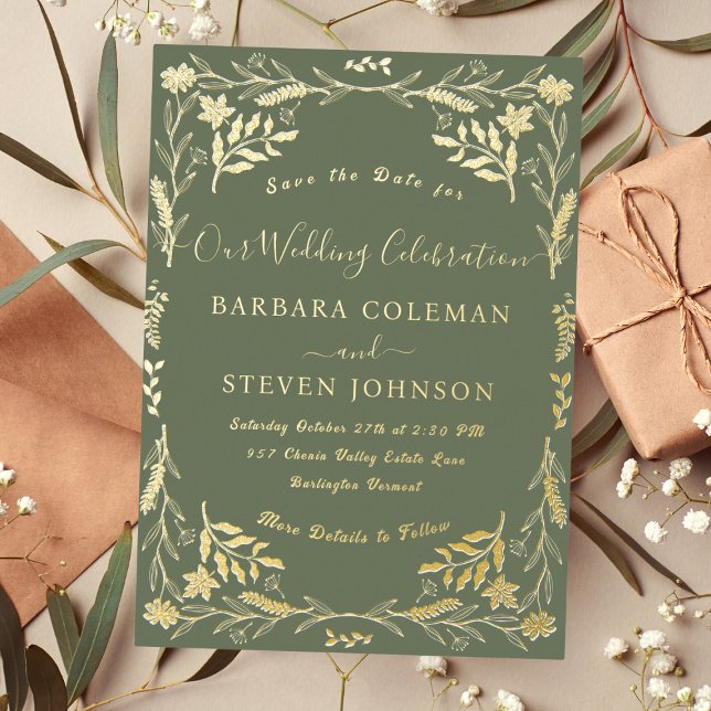 Elegant Boho Floral Sage Green Typography Wedding Foil Invitation (Creator Uploaded)