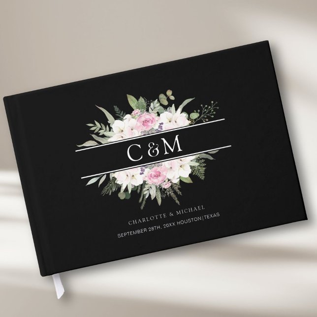 Elegant Boho Floral Silver Foil Guest Book (Customer-specific, Monogram, Wedding Foil Guest Book, available in rose-gold, gold and silver foil. )