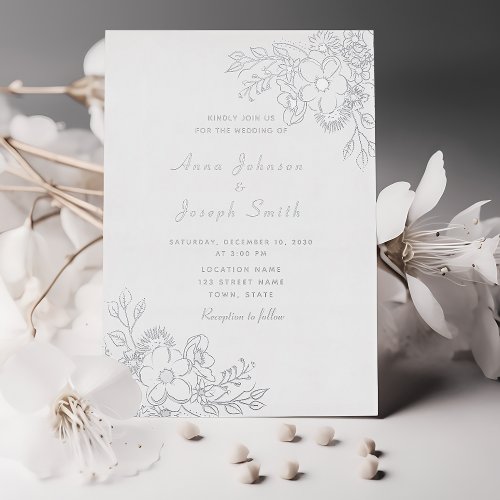 Elegant Boho Floral Silver Wedding Foil Invitation
