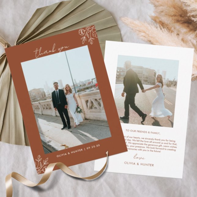 Elegant Boho Floral Terracotta Photo Wedding Thank You Card (Creator Uploaded)