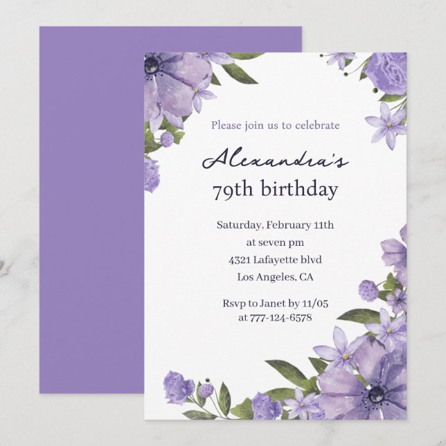 Elegant Boho Floral Watercolor 79th birthday Invitation (Front/Back)