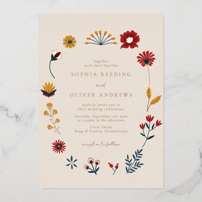 Elegant Boho Floral Wedding Rose Gold Foil Invitation (Front)