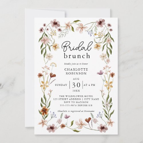 Elegant Boho Floral Wildflower Bridal Brunch Invitation