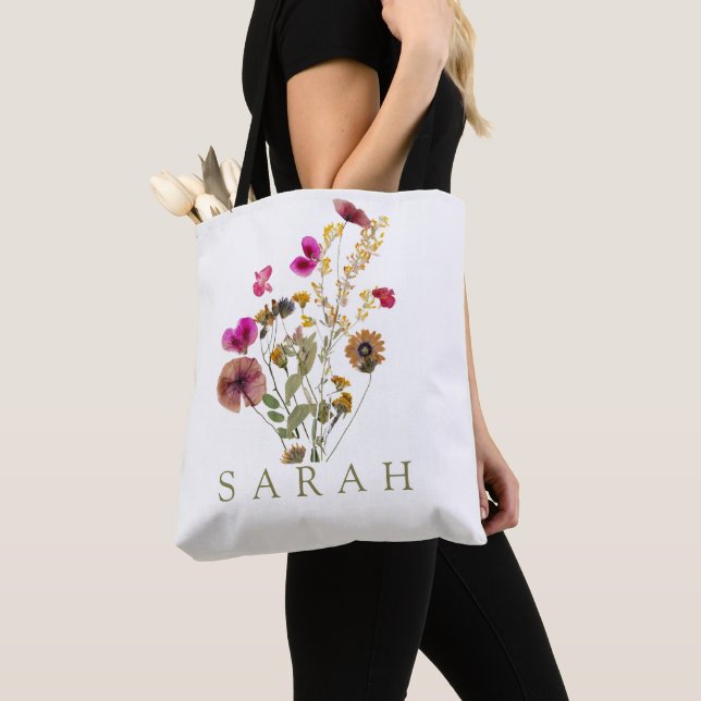 Elegant Boho Floral Wildflower Tote Bag (Close Up)