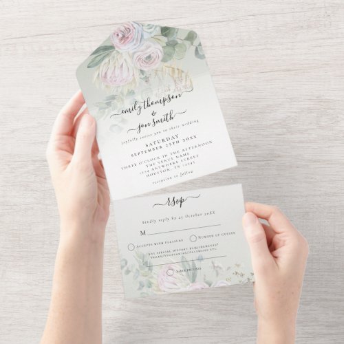 Elegant Boho Florals Eucalyptus Sage Wedding All In One Invitation