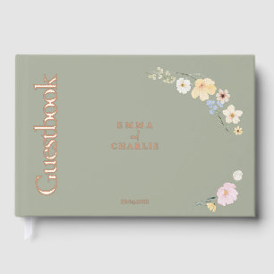 Elegant boho flowers Sage Wedding Foil Guest Book