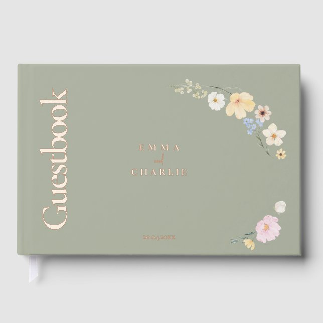 Elegant boho flowers Sage Wedding  Foil Guest Book (Front)