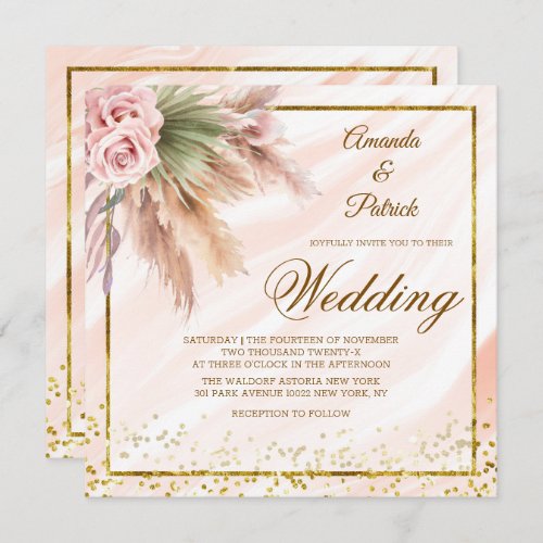 Elegant Boho Framed Gold Foil Pampas Grass Wedding Invitation