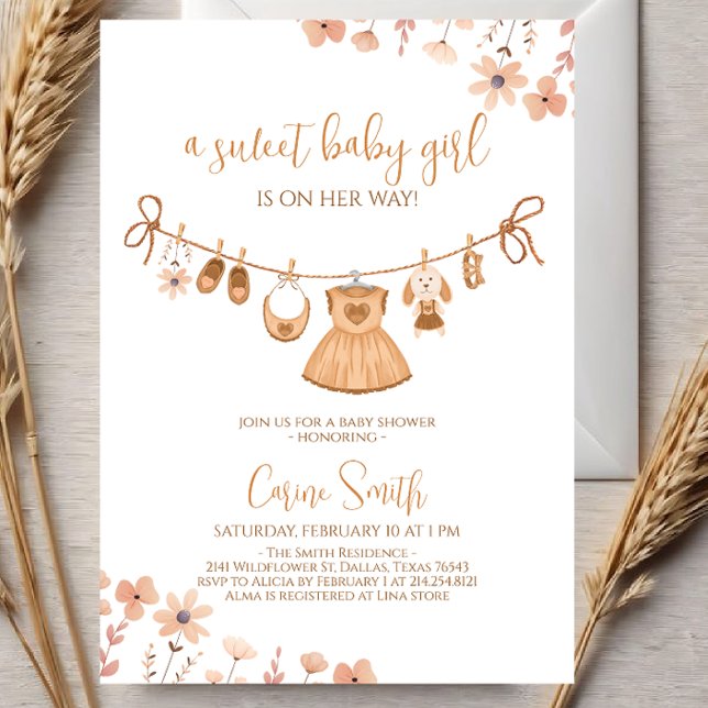 Elegant Boho Girl Baby Clothes Baby Shower Invitation (Creator Uploaded)