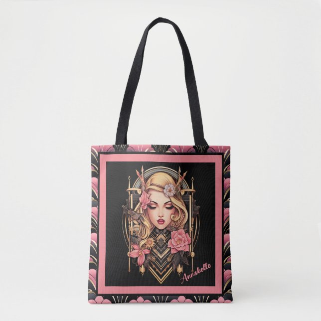 Elegant Boho Girl Black and Pink Tote Bag (Front)