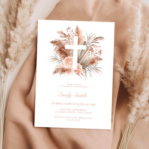 Elegant Boho Girl Floral Baptism Invitation