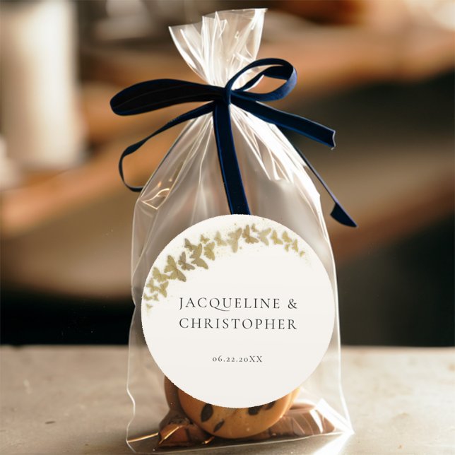 Elegant Boho Gold Butterflies Romantic Wedding Classic Round Sticker (boho gold butterflies romantic wedding sticker elegant modern bohemian simple minimalist rustic chic)