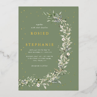 Elegant Boho Gold Foil Watercolor Greenery Wedding Invitation