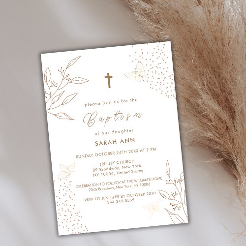 Elegant Boho Gold Leaves Butterfly Cross Baptism Invitation