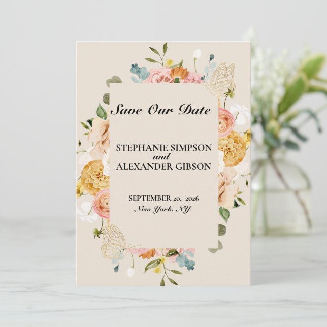 Elegant Boho Gold Pink Floral Save The Date Card (Standing Front)