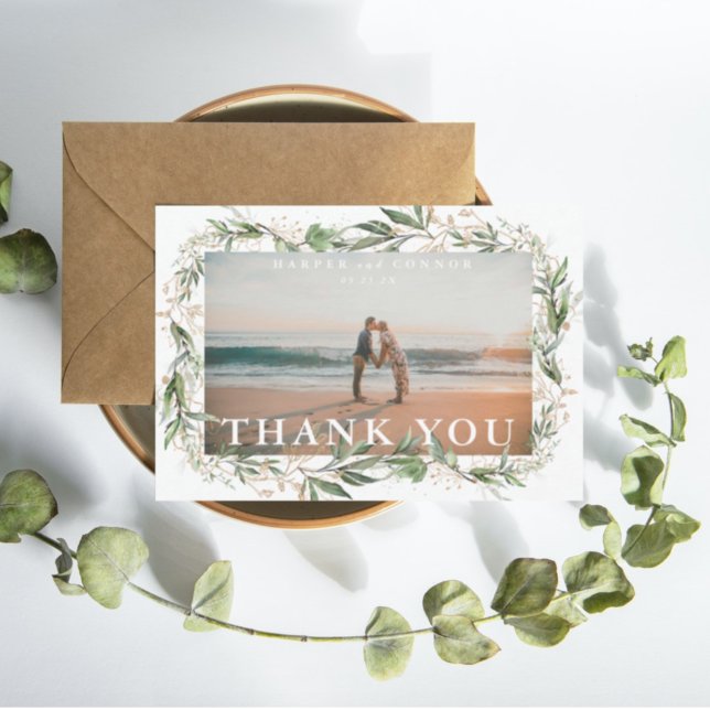 Elegant Boho Golden Sage Eucalyptus Greenery Photo Thank You Card (Creator Uploaded)