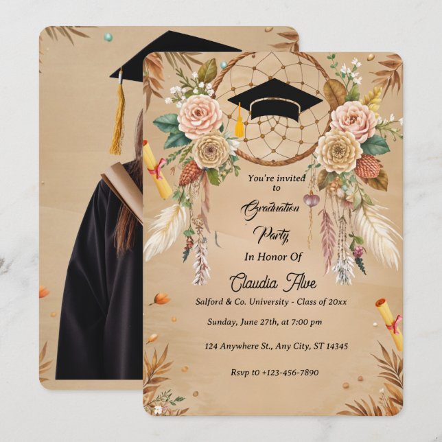  Elegant Boho Graduation Invitation Card (Front/Back)