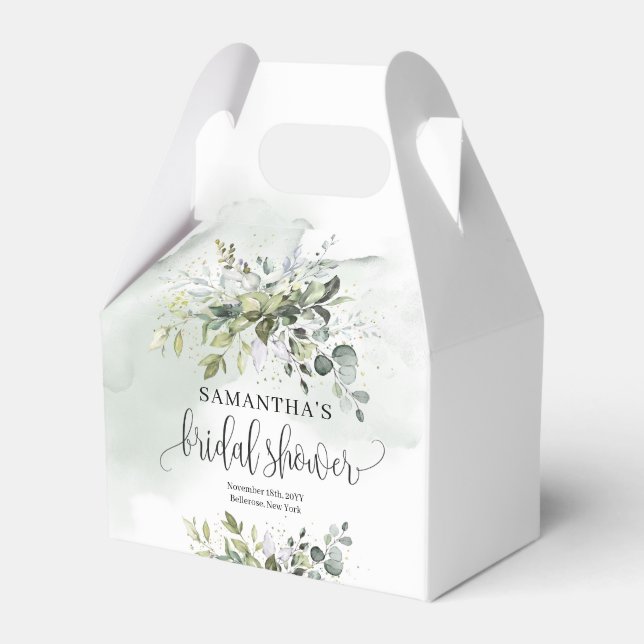Elegant boho green eucalyptus gold Bridal Shower Favor Boxes (Front Side)