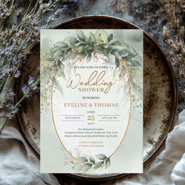 Elegant boho greenery and gold Wedding shower Invitation (watercolor green eucalyptus wreath wedding shower invitation digital)