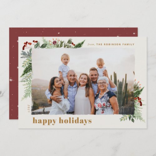 Elegant Boho Greenery Burgundy Gold Photo Holiday Card