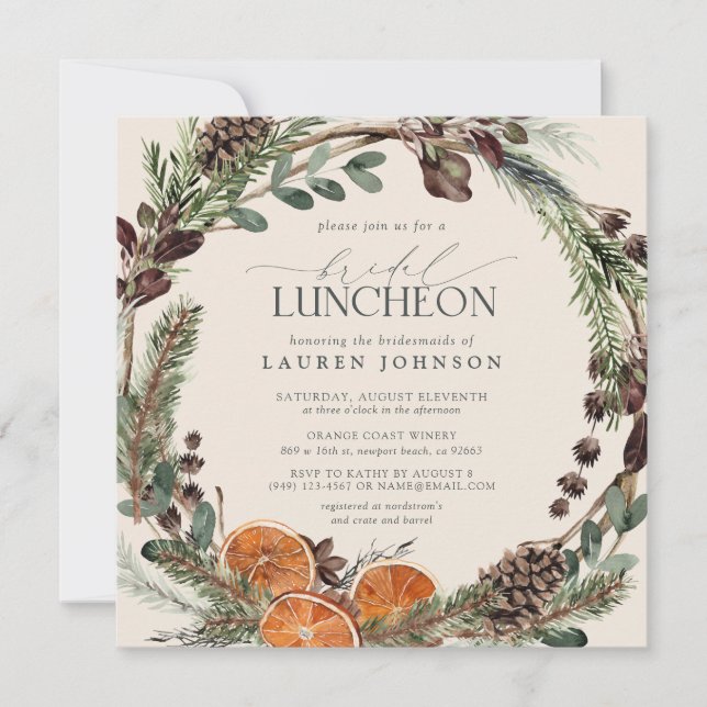 Elegant Boho Greenery Citrus Fall Bridal Luncheon Invitation (Front)