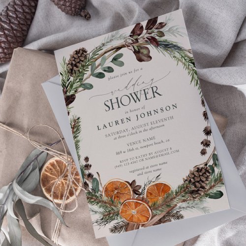 Elegant Boho Greenery Citrus Fall Wedding Shower Invitation