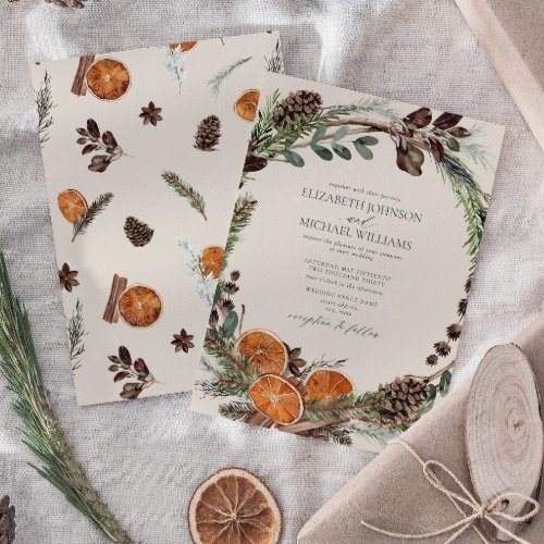 Elegant Boho Greenery Citrus Winter Wedding Invitation