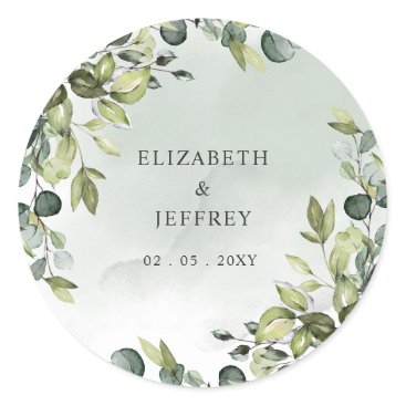 Elegant Boho Greenery Eucalyptus Wedding Classic Round Sticker
