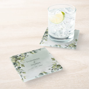 Elegant Boho Greenery Eucalyptus Wedding Glass Coaster
