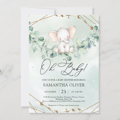 Elegant Boho Greenery Eucalytpus Elephant Oh Baby Invitation