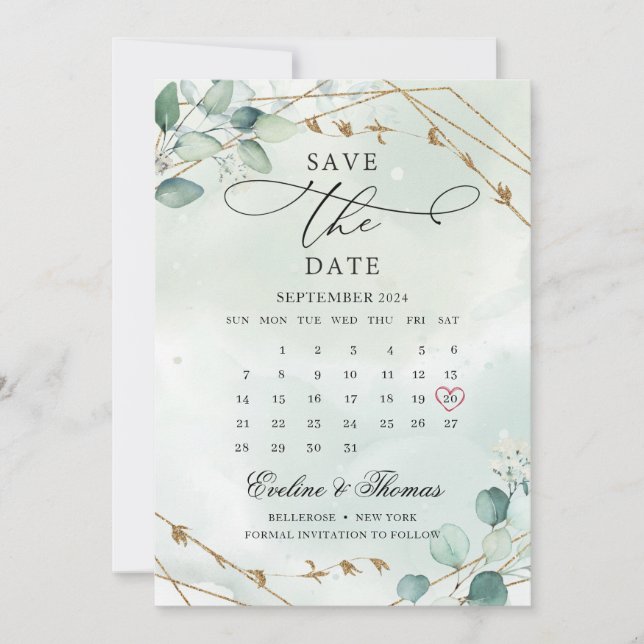 Elegant Boho Greenery Foliage Gold Geometric Save The Date (Front)