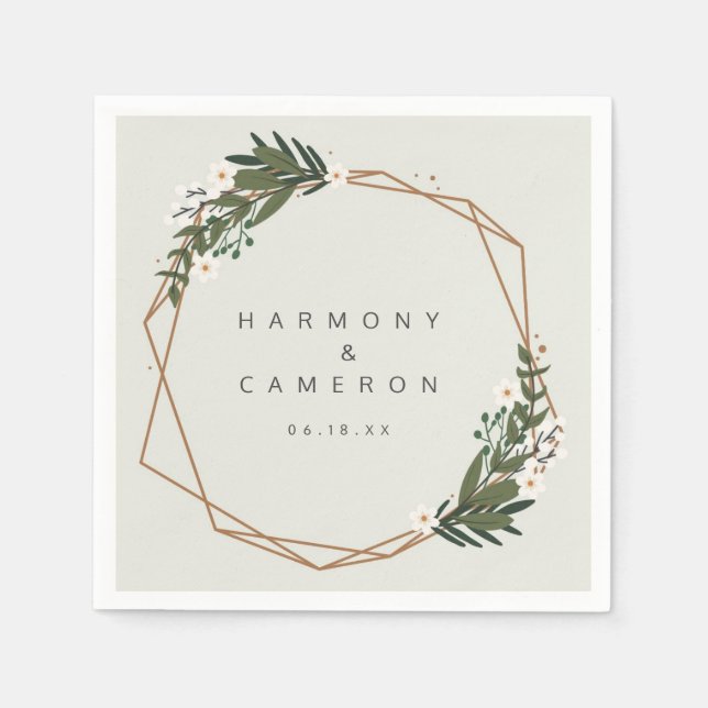 Elegant Boho Greenery Gold Geometric Wedding Napkins (Front)