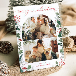 Elegant Boho Greenery Multi Photo Christmas Card