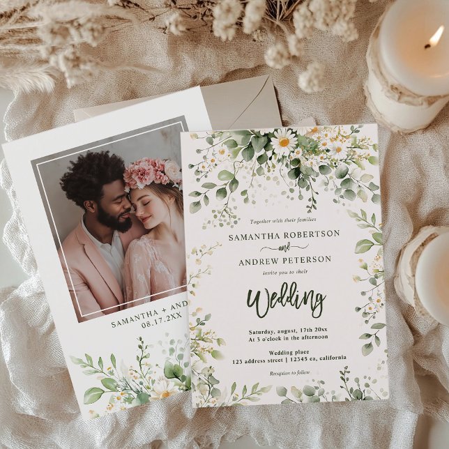 Elegant Boho Greenery Wildflower Photo Wedding  Invitation (Elegant Boho Greenery Wildflower Photo Wedding Invitation)