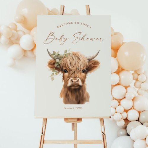 Elegant Boho Highland Cow Baby Shower Welcome Poster
