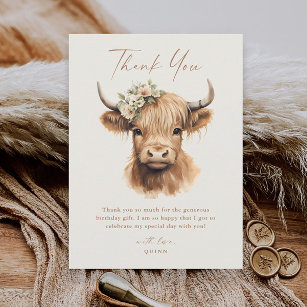 Elegant Boho Highland Cow Kids Birthday Thank You Card