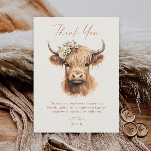 Elegant Boho Highland Cow Kids Birthday Thank You Card